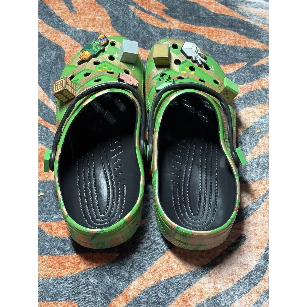 Crocs Minecraft Camo Green Brown Black Clog Sandals Men's 11 With Charms